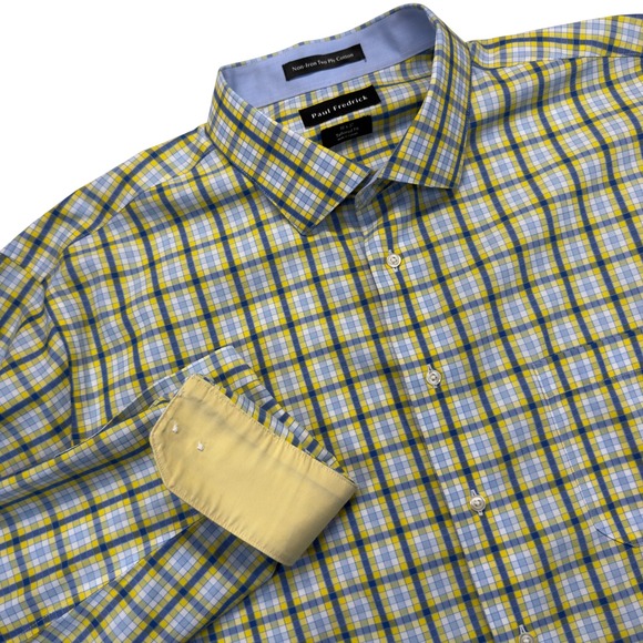 Paul Fredrick Other - Paul Fredrick Dress Shirt Mens 18-37 Tailored Fit Non-Iron Yellow Blue Plaid